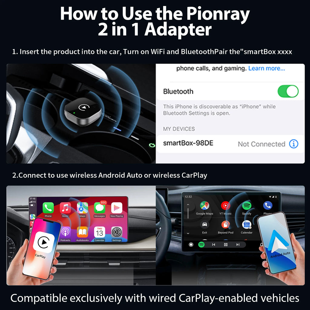🚗📱 Adaptor wireless Pionray 2-în-1 – CarPlay și Android Auto fără cabluri!